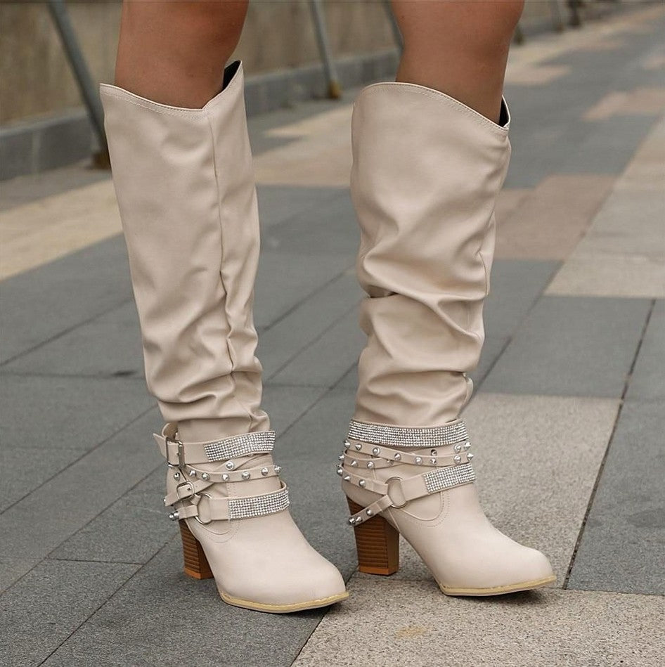 Slouch Studded Block Heel Knee High Boots