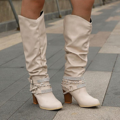 Slouch Studded Block Heel Knee High Boots