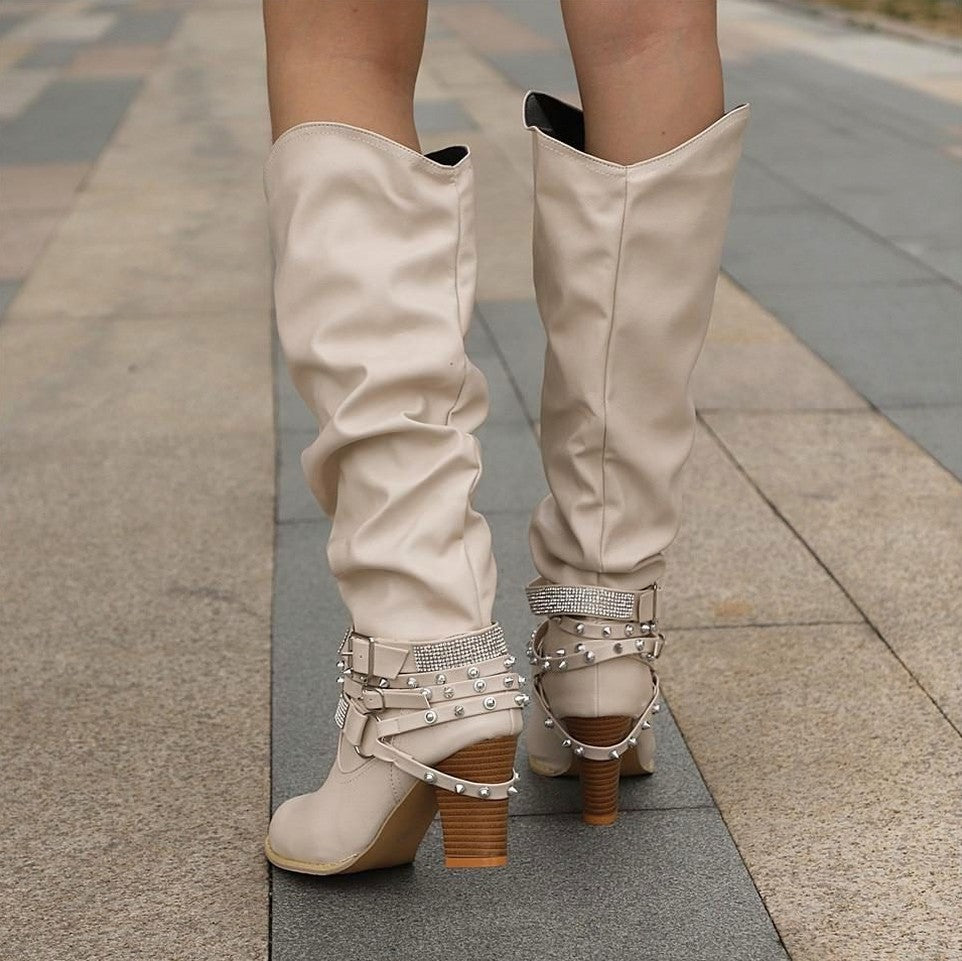 Slouch Studded Block Heel Knee High Boots