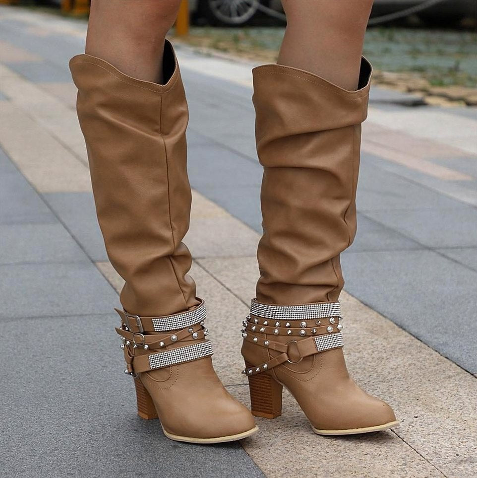 Slouch Studded Block Heel Knee High Boots