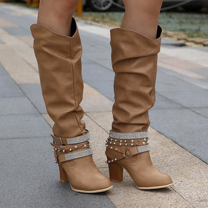 Slouch Studded Block Heel Knee High Boots
