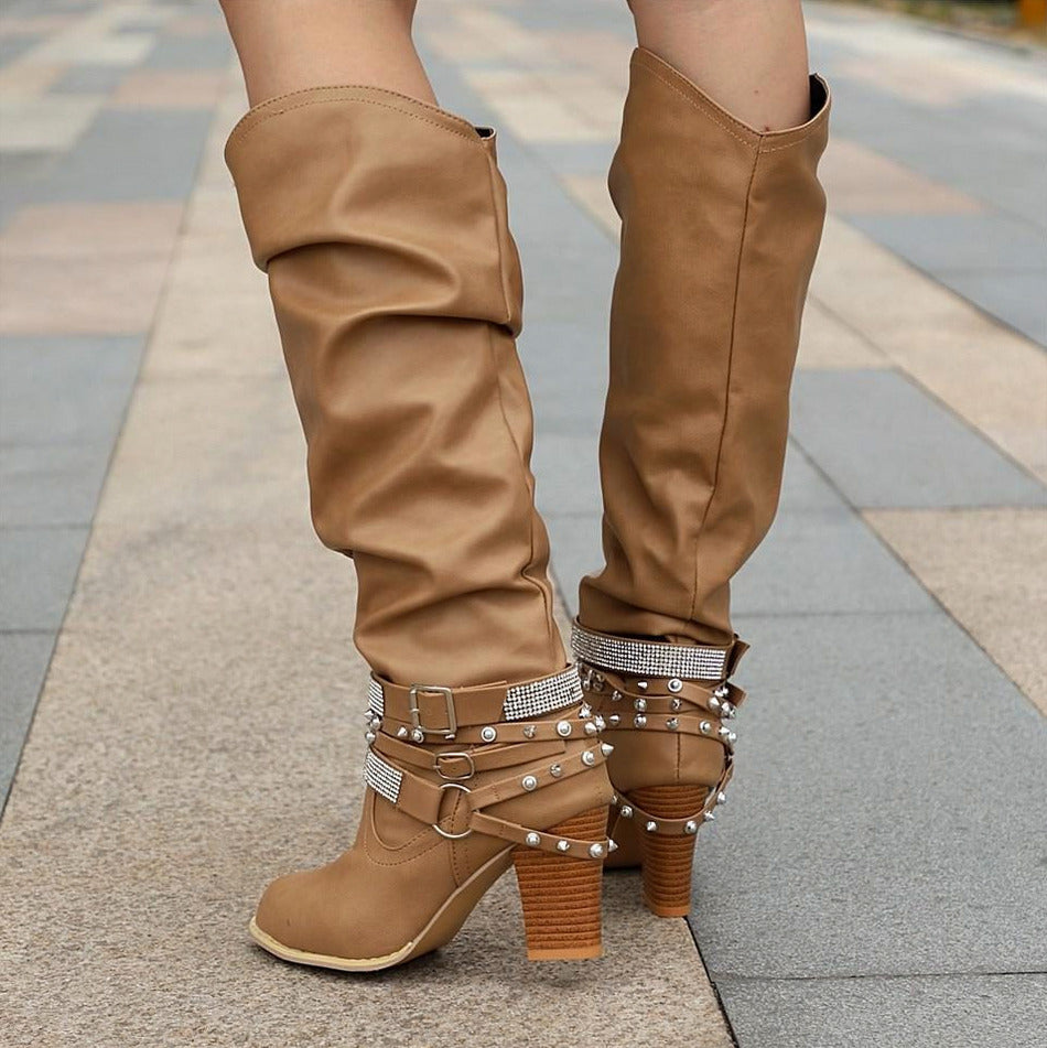 Slouch Studded Block Heel Knee High Boots