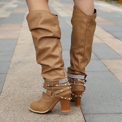 Slouch Studded Block Heel Knee High Boots