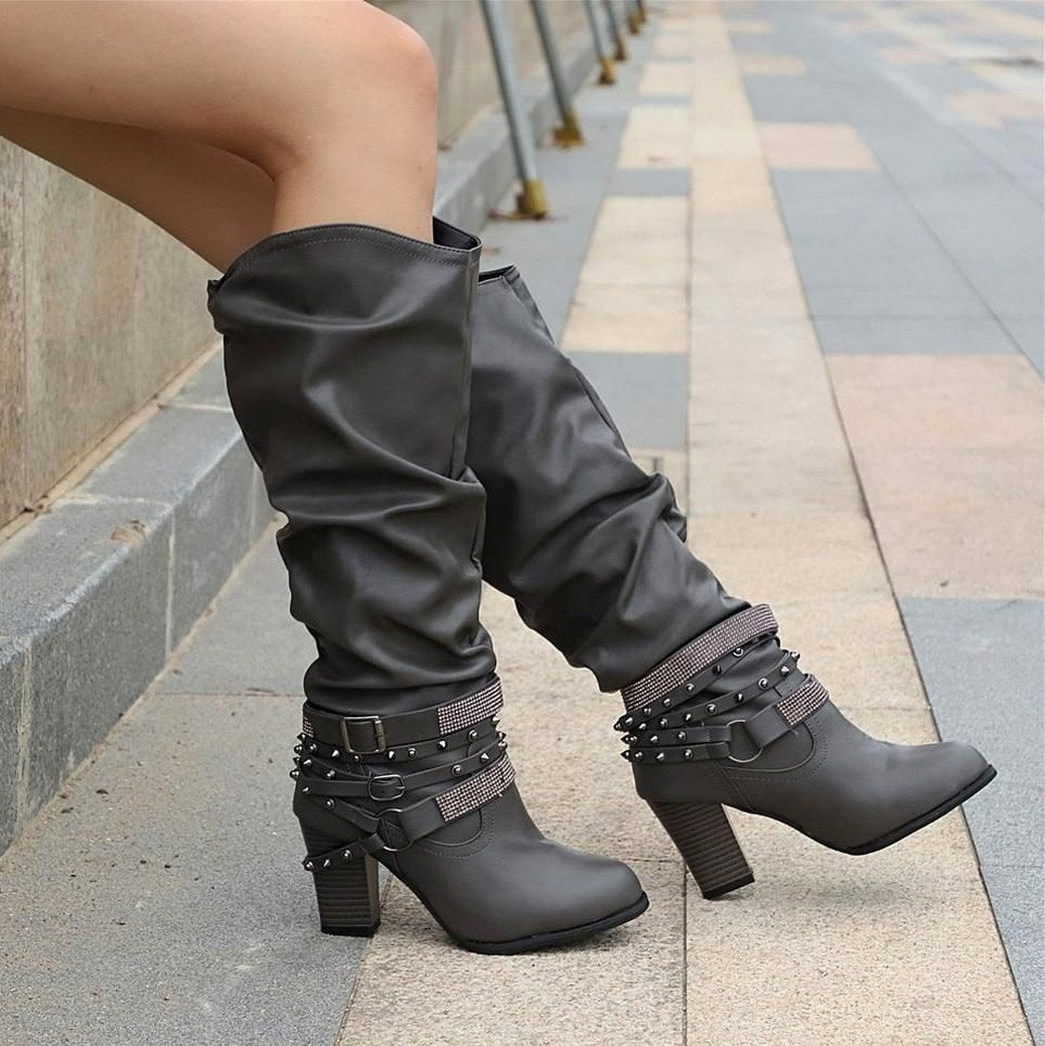 Slouch Studded Block Heel Knee High Boots