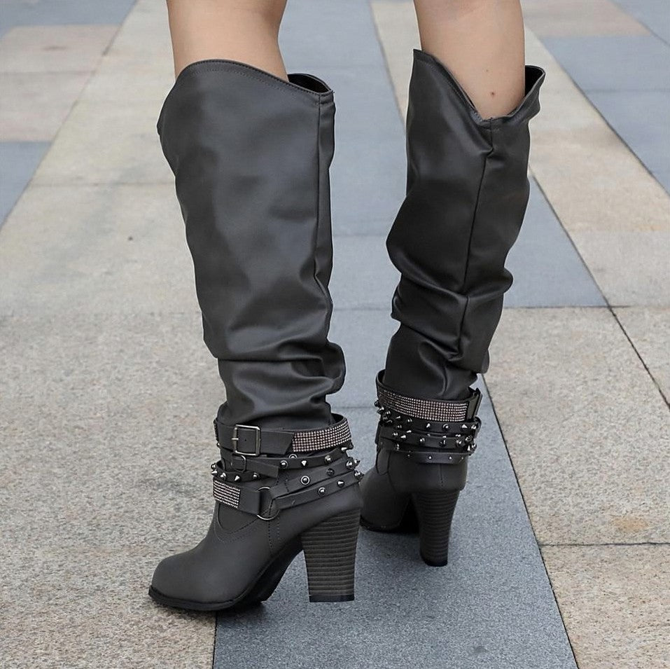 Slouch Studded Block Heel Knee High Boots
