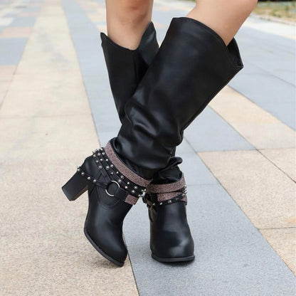 Slouch Studded Block Heel Knee High Boots