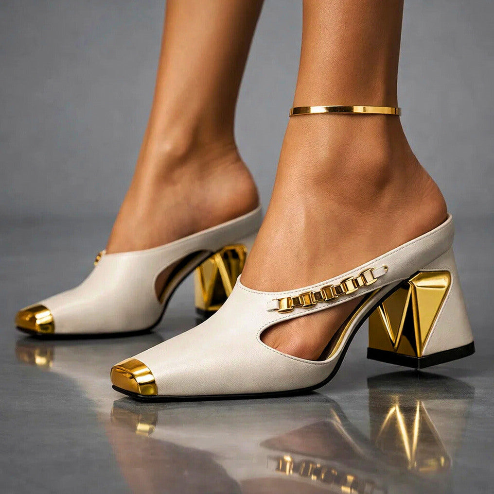 Square Toe Cutout Block Heel Mules