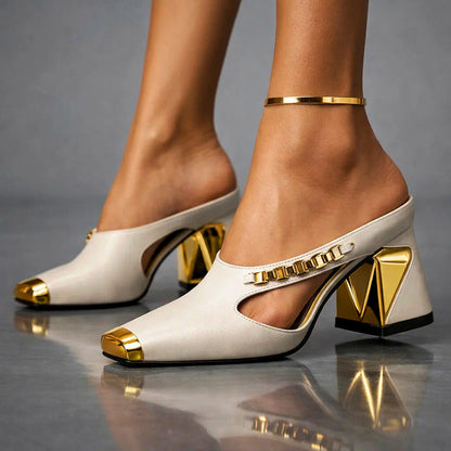 Square Toe Cutout Block Heel Mules