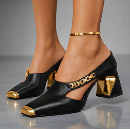 Square Toe Cutout Block Heel Mules
