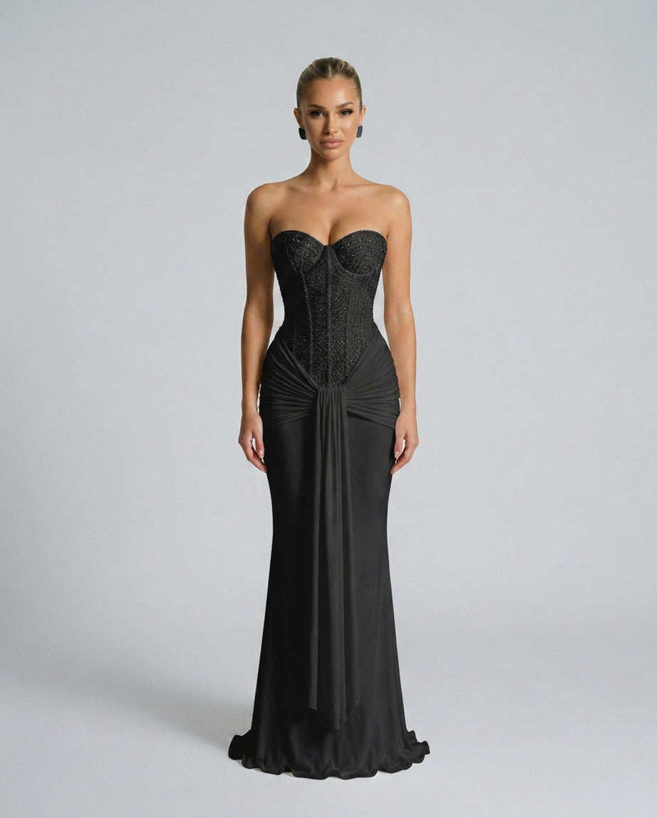 Strapless Corset Draped Maxi Dress