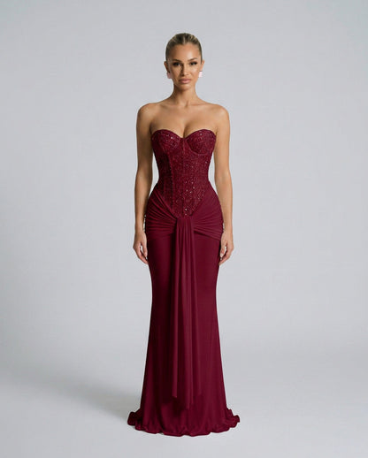 Strapless Corset Draped Maxi Dress
