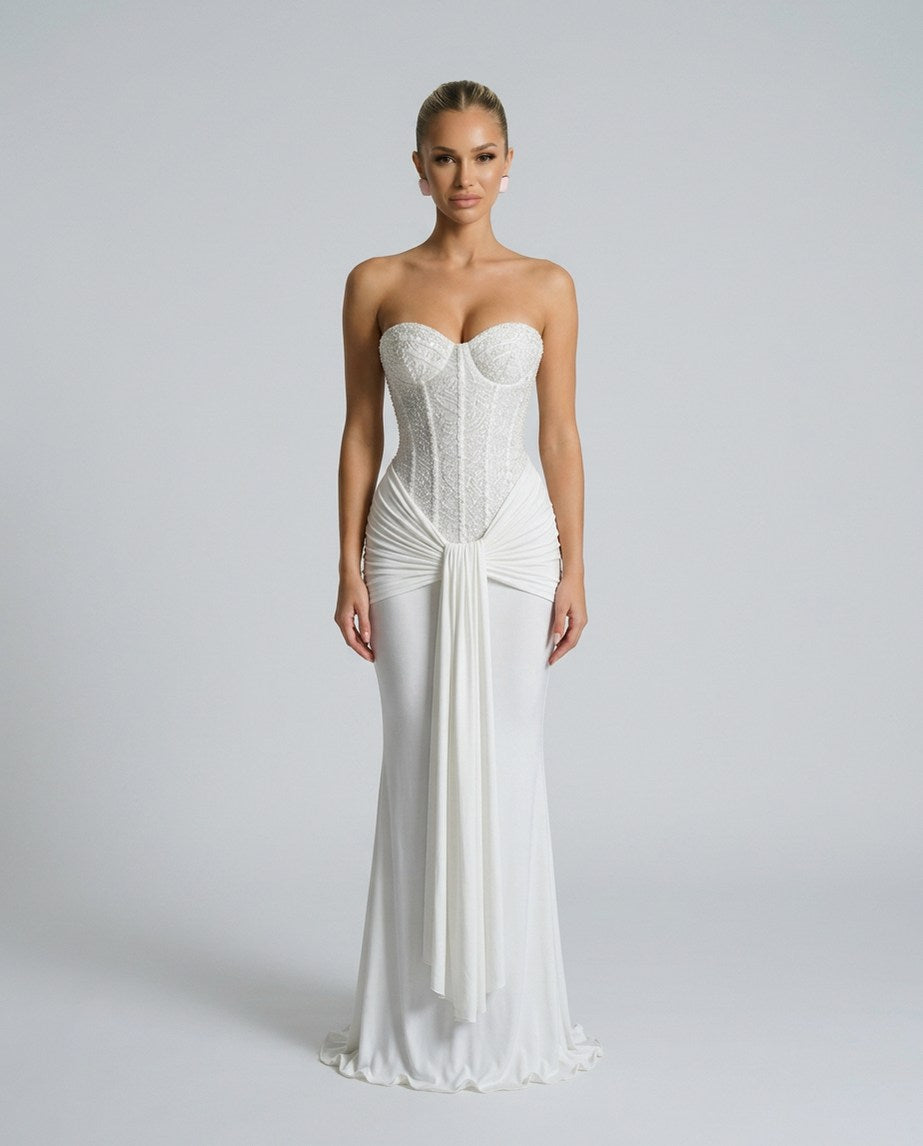 Strapless Corset Draped Maxi Dress