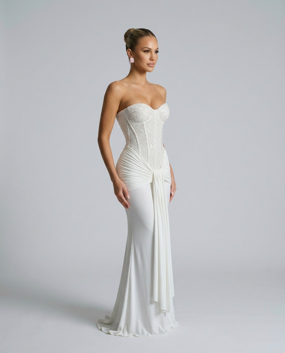 Strapless Corset Draped Maxi Dress
