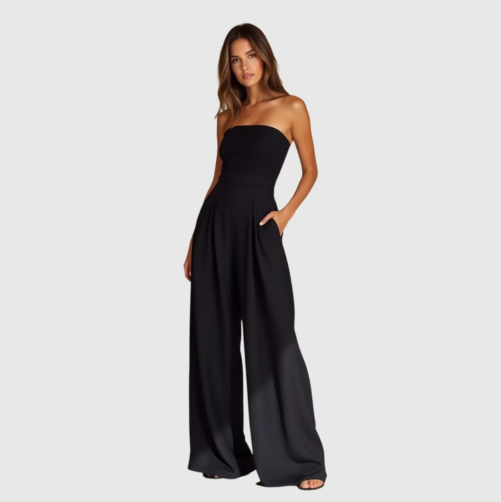 Strapless Pleated Wide Leg Jumpsuit