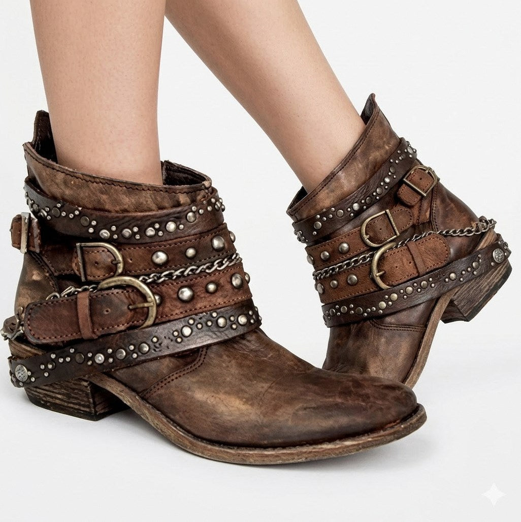 Studded Buckle Strap Moto Ankle Boots
