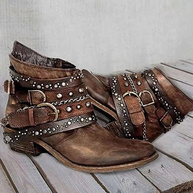 Studded Buckle Strap Moto Ankle Boots