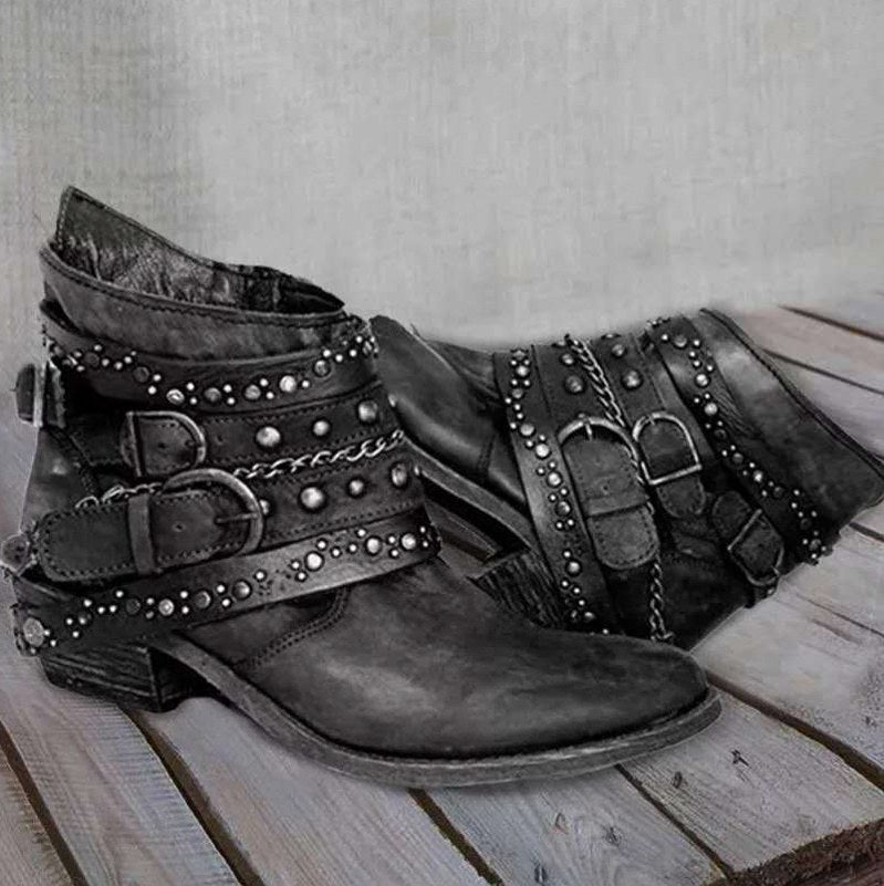 Studded Buckle Strap Moto Ankle Boots