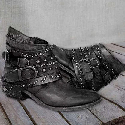 Studded Buckle Strap Moto Ankle Boots