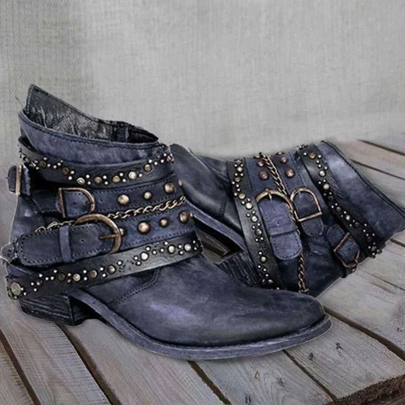 Studded Buckle Strap Moto Ankle Boots