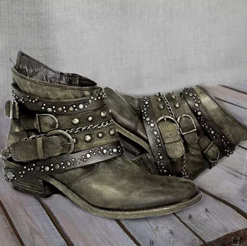 Studded Buckle Strap Moto Ankle Boots
