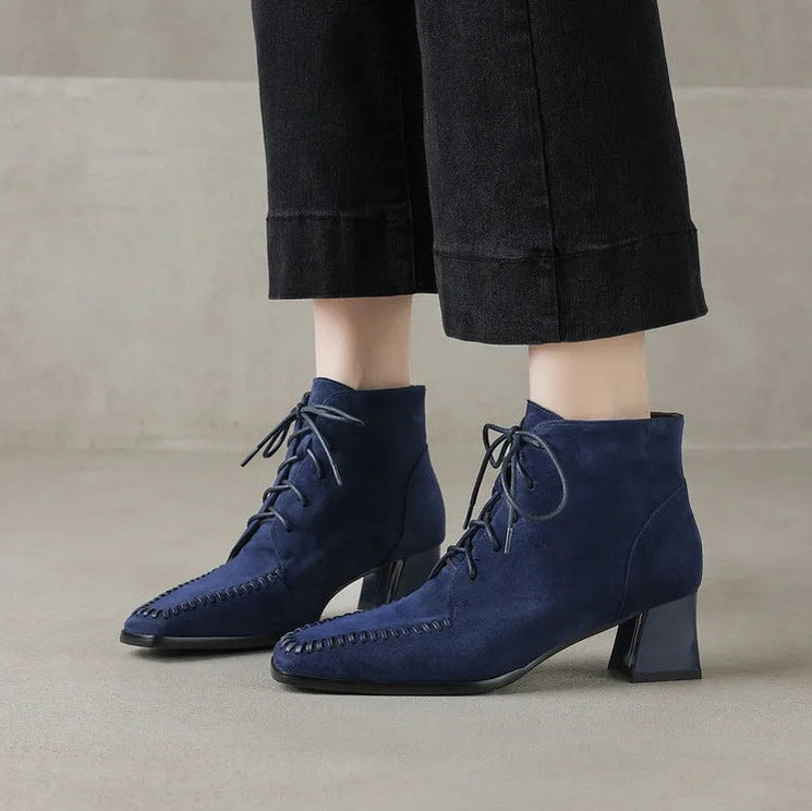 Suede Lace Up Block Heel Booties