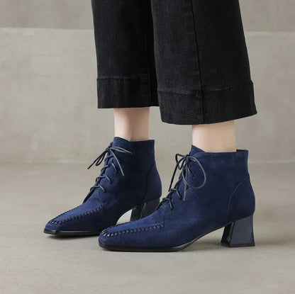 Suede Lace Up Block Heel Booties