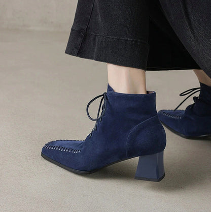 Suede Lace Up Block Heel Booties
