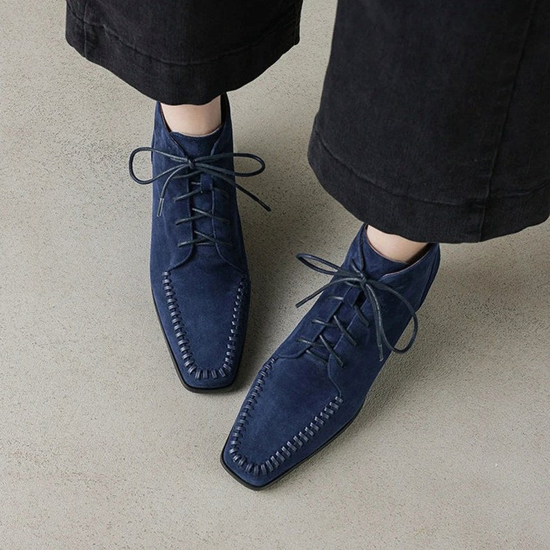 Suede Lace Up Block Heel Booties