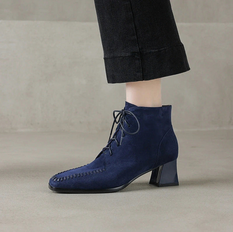 Suede Lace Up Block Heel Booties