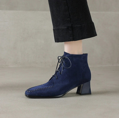 Suede Lace Up Block Heel Booties