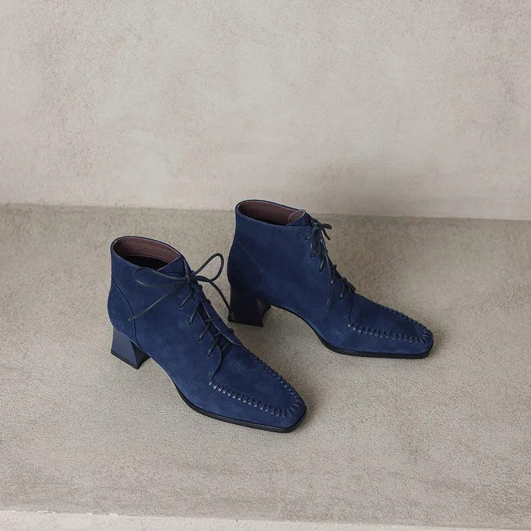Suede Lace Up Block Heel Booties