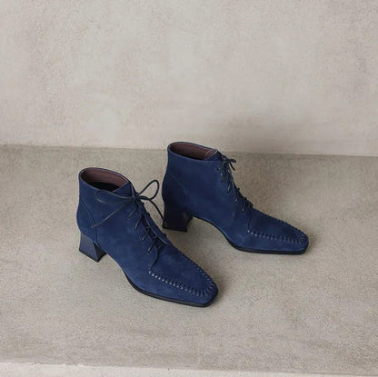 Suede Lace Up Block Heel Booties