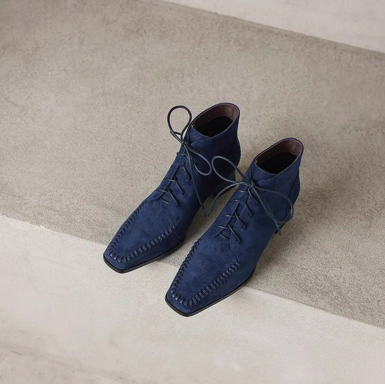 Suede Lace Up Block Heel Booties