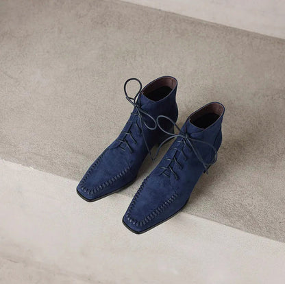 Suede Lace Up Block Heel Booties
