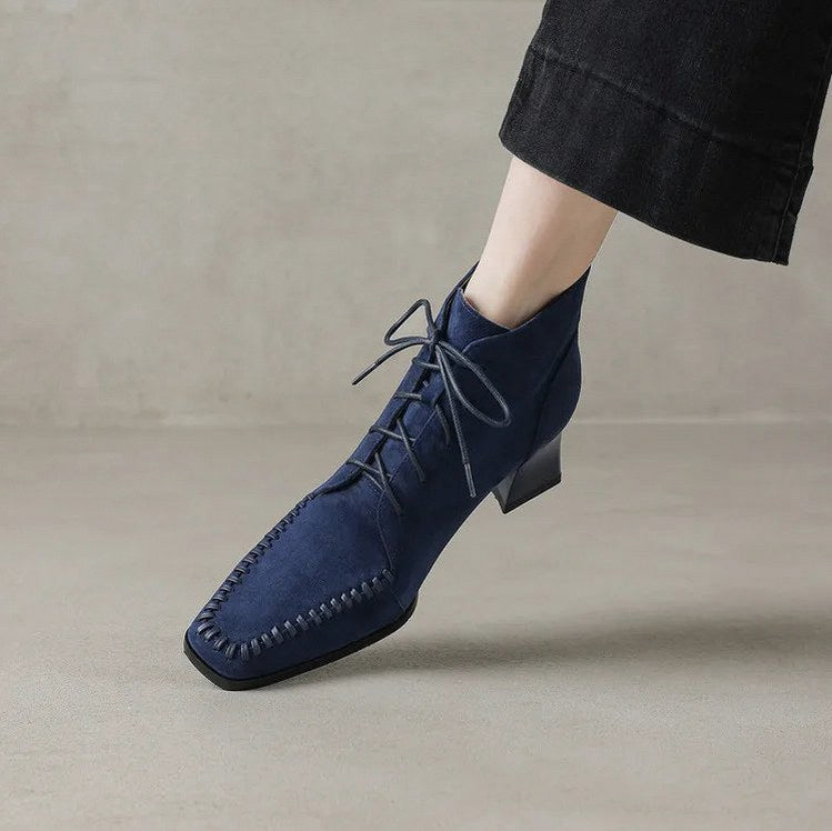 Suede Lace Up Block Heel Booties