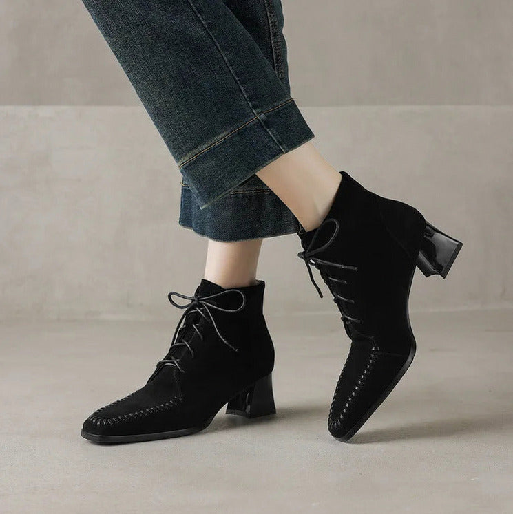 Suede Lace Up Block Heel Booties