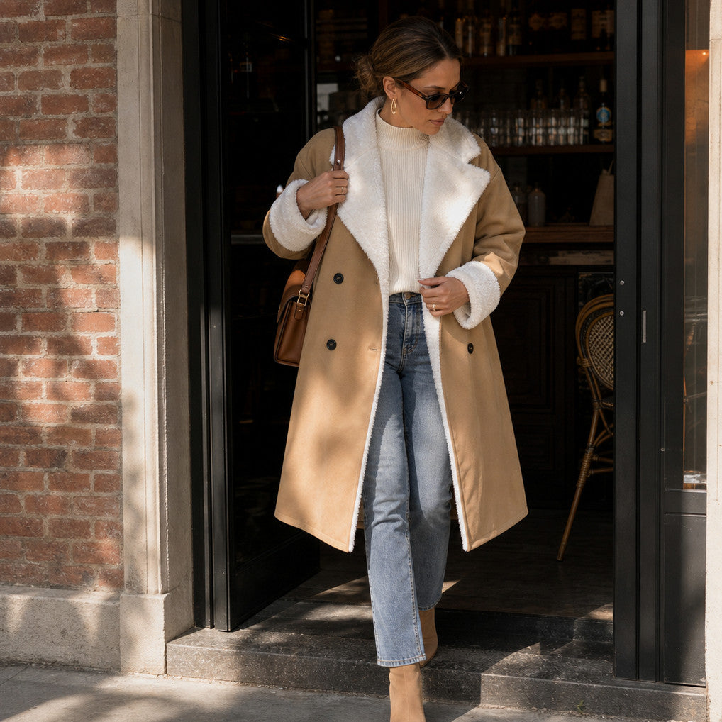 Suede Sherpa Lined Long Sleeve Coat