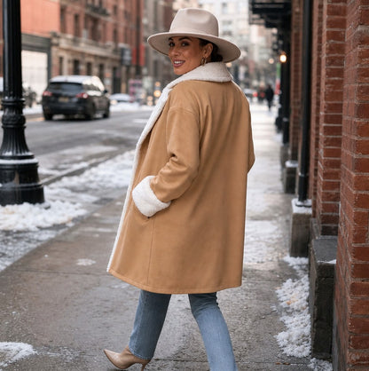 Suede Sherpa Lined Long Sleeve Coat