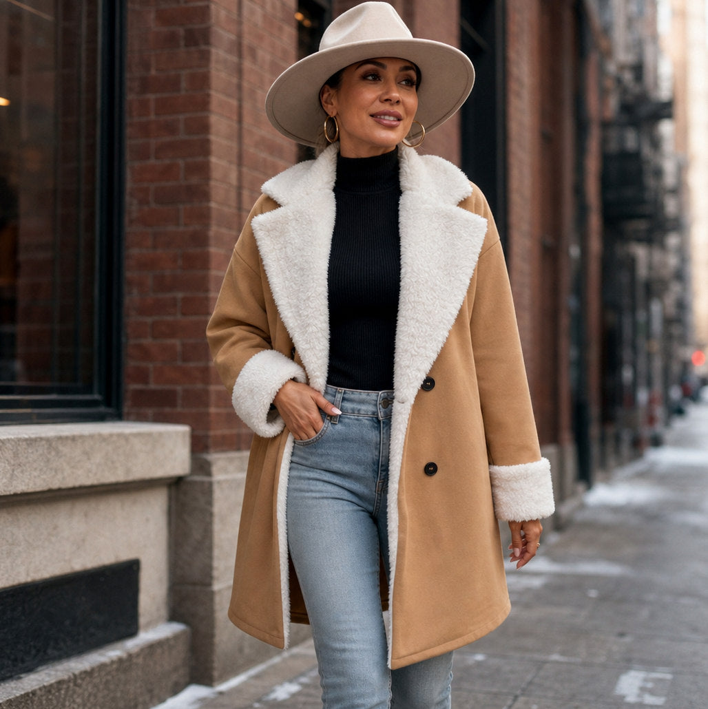 Suede Sherpa Lined Long Sleeve Coat