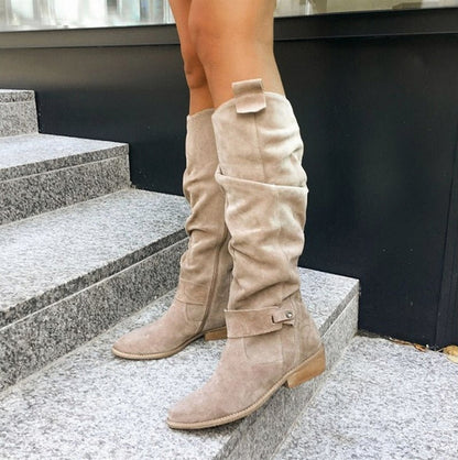 Suede Slouch Flat Mid Calf Boots