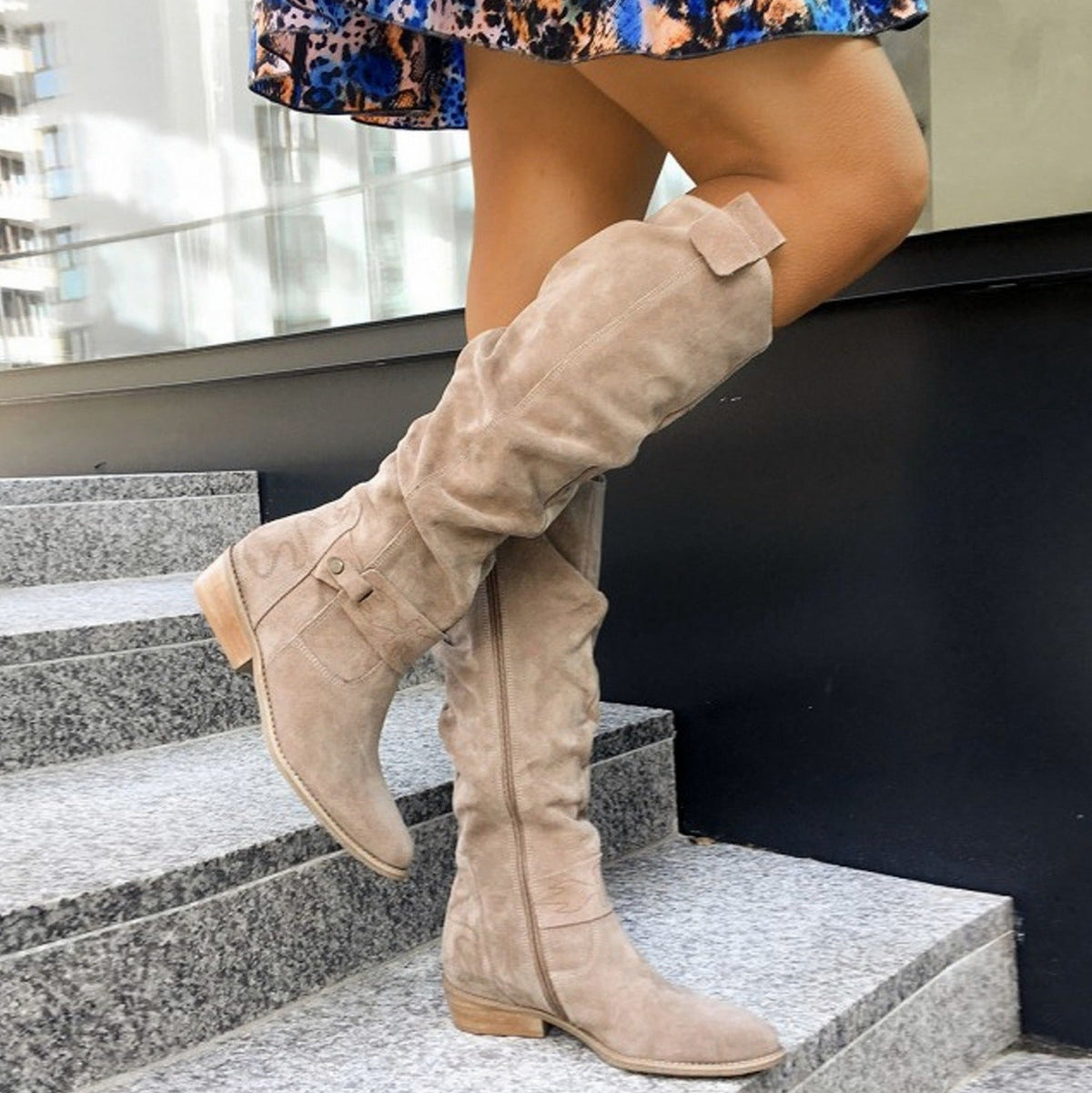 Suede Slouch Flat Mid Calf Boots
