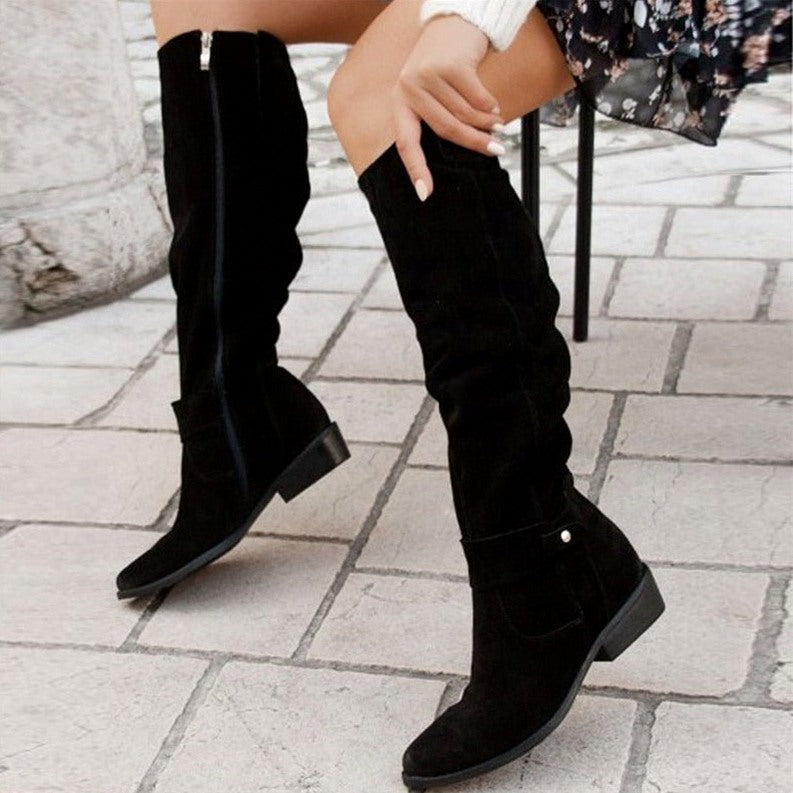 Suede Slouch Flat Mid Calf Boots