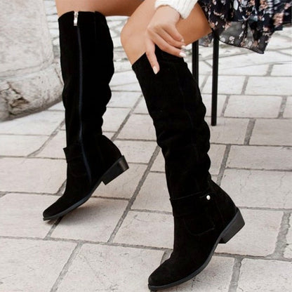 Suede Slouch Flat Mid Calf Boots