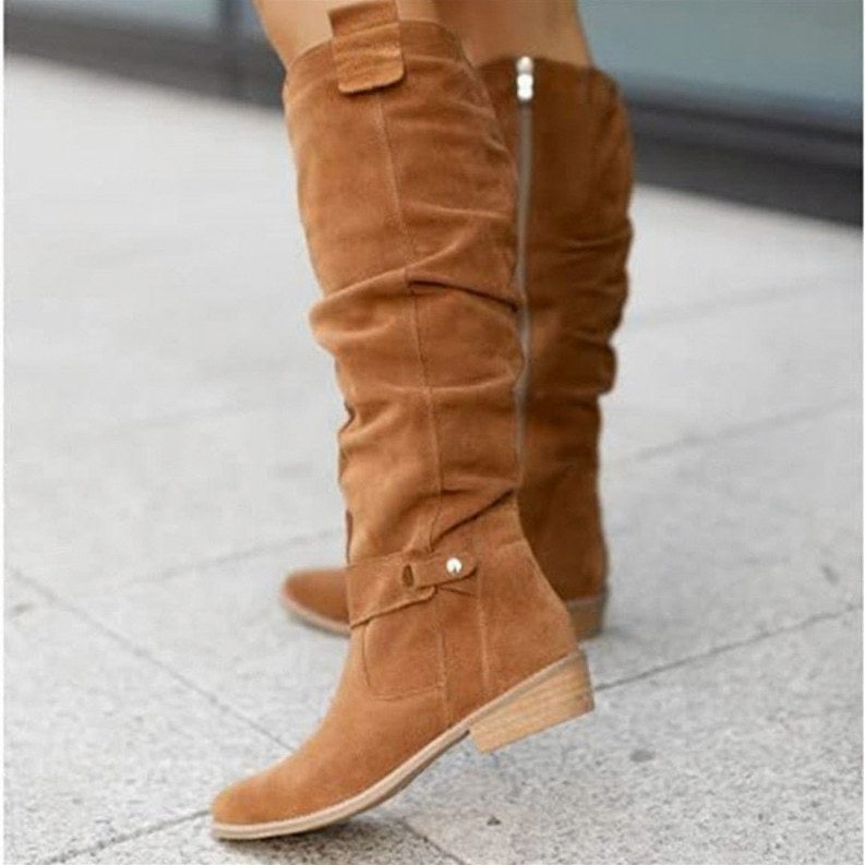 Suede Slouch Flat Mid Calf Boots