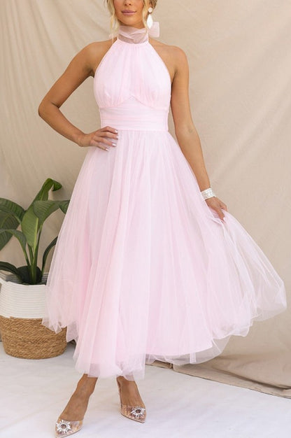 Tulle Halter Tie Neck Midi Dress