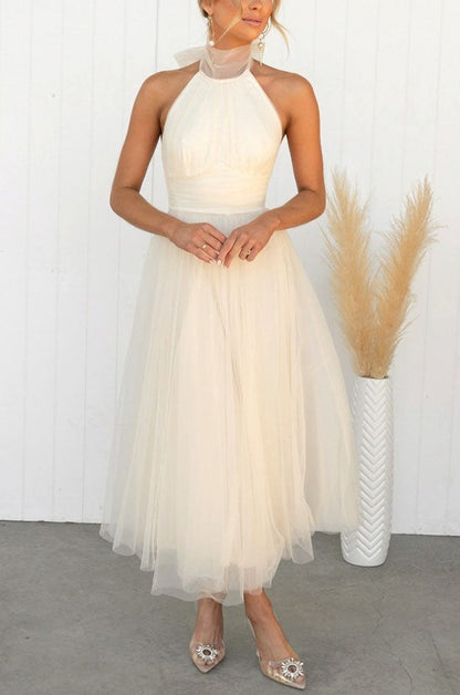 Tulle Halter Tie Neck Midi Dress