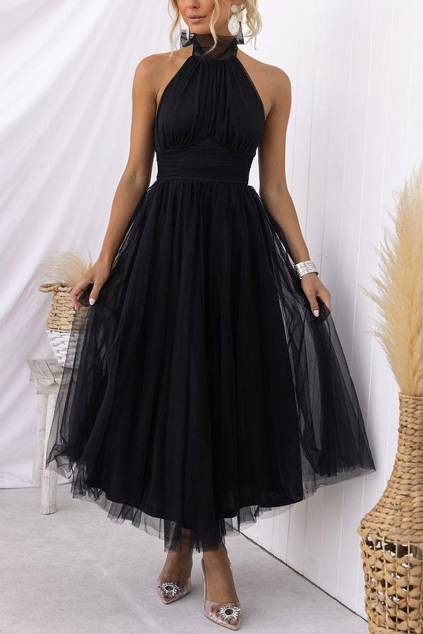 Tulle Halter Tie Neck Midi Dress
