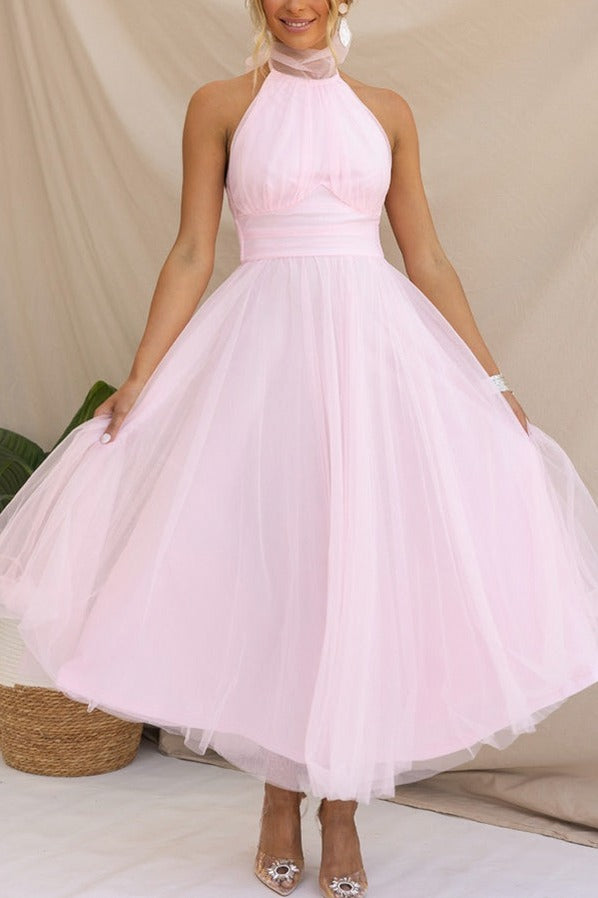 Tulle Halter Tie Neck Midi Dress