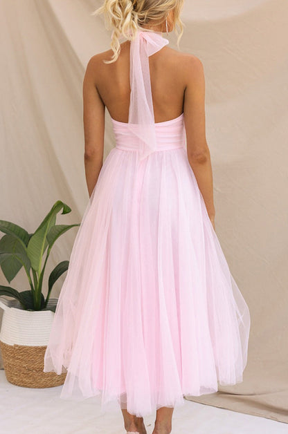 Tulle Halter Tie Neck Midi Dress