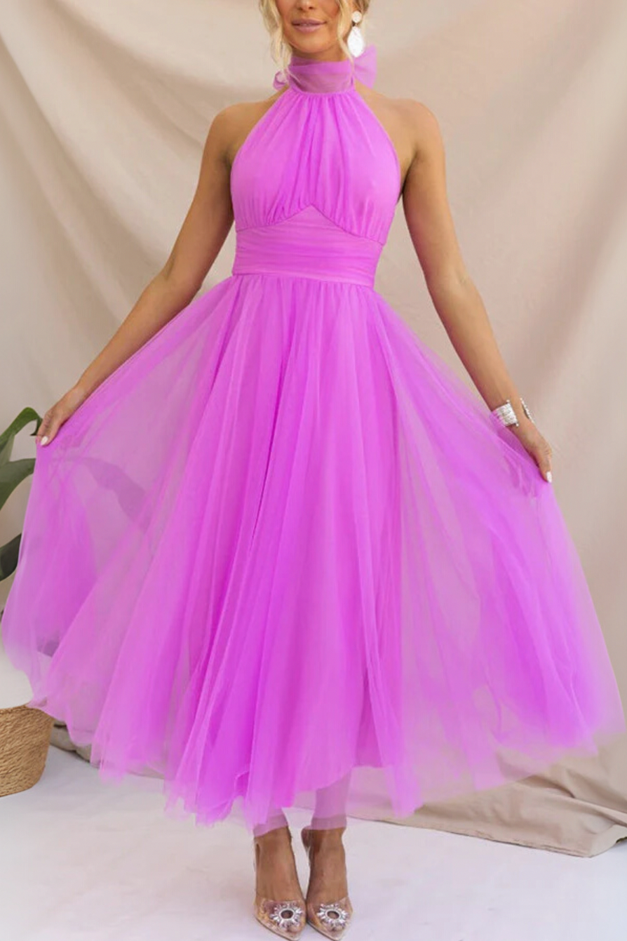 Tulle Halter Tie Neck Midi Dress